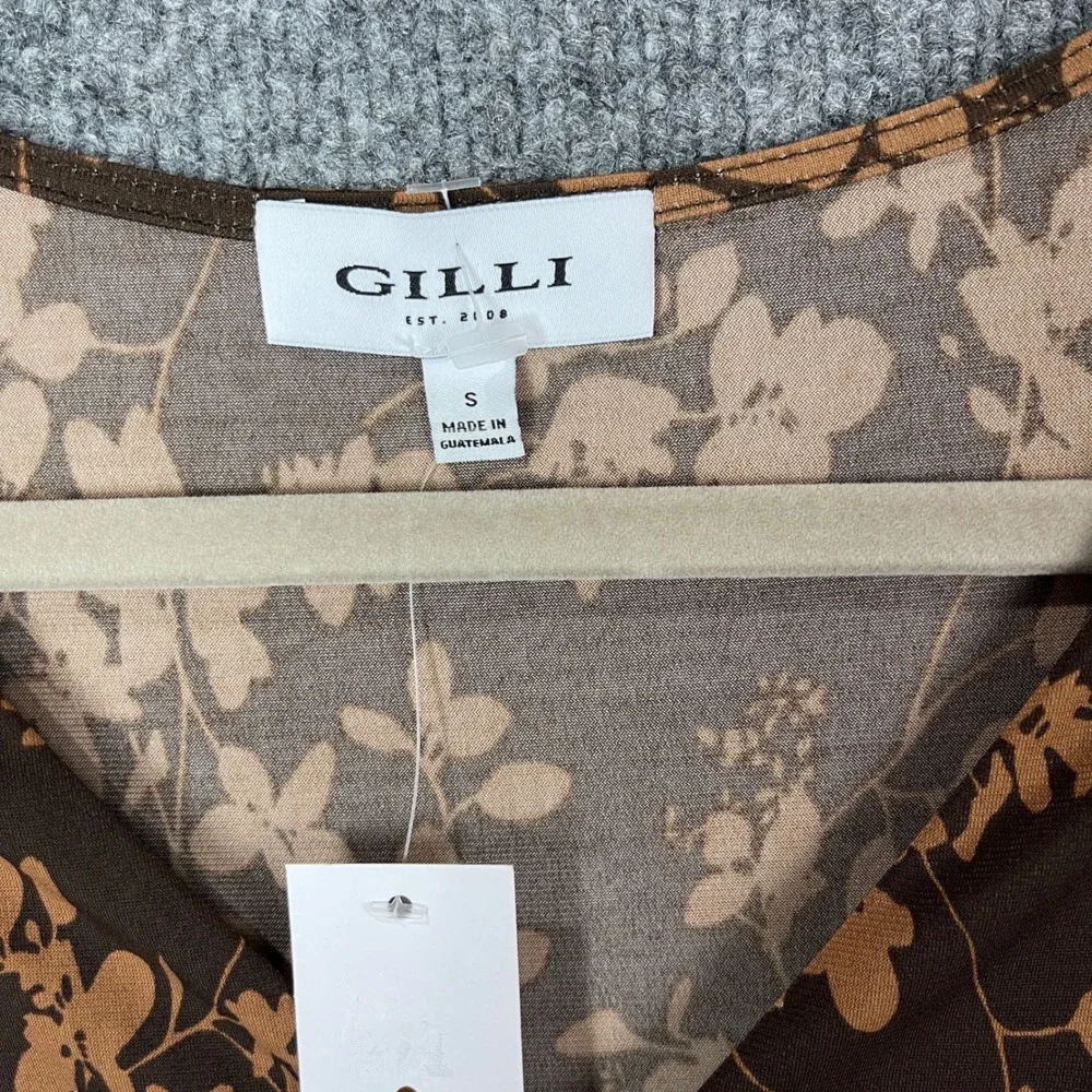 New Gilli Floral Mini Dress Womens Small Brown NWT Long Sleeve V-Neck Faux Wrap